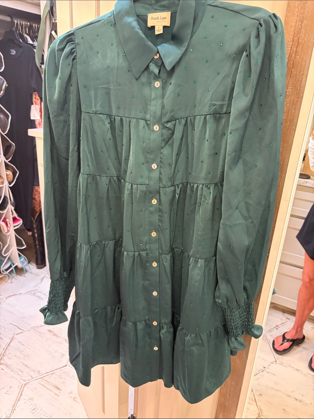 Peach Love California Dark Emerald Button-Down Tiered Dress